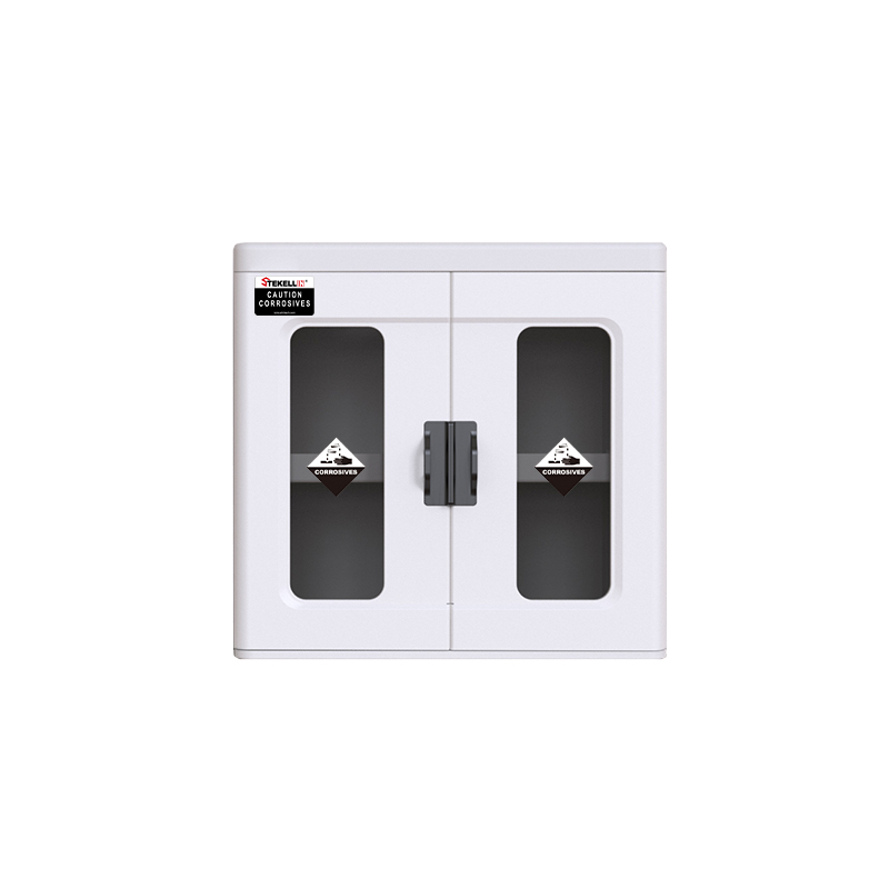 Polyethylene Lab Acid Safety Cabinet, White/ Blue, Double Doors/ With Two Visisble Windows