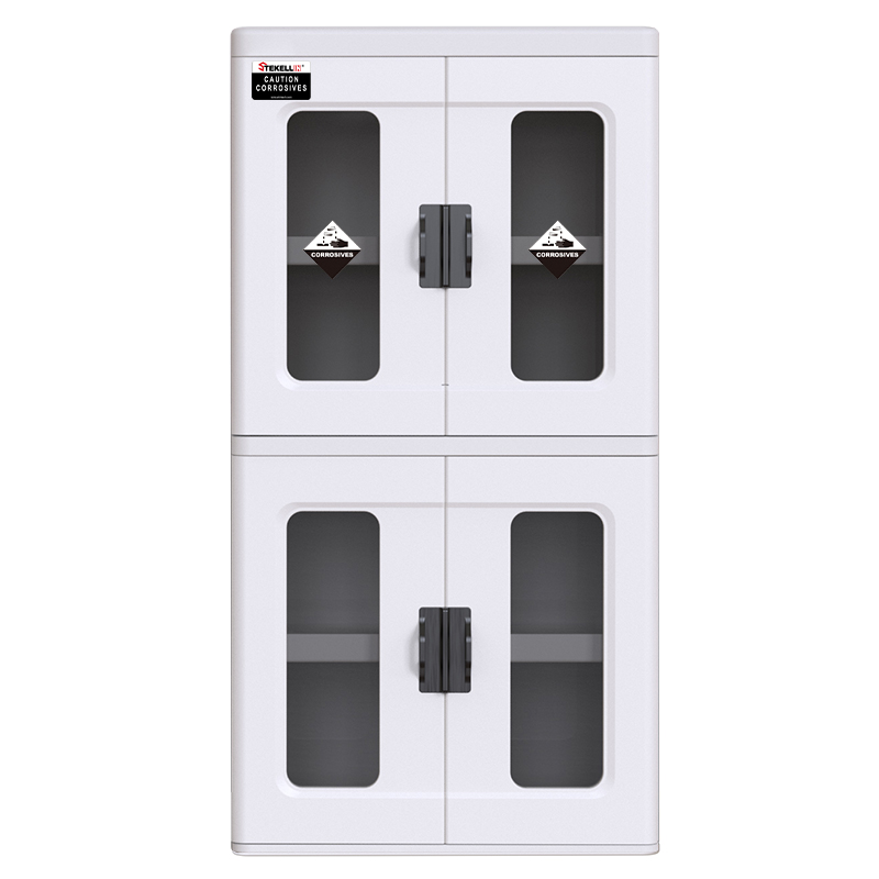 Polyethylene Lab Acid Safety Cabinet, White/ Blue, Four Doors/ With 4 Visible Windows