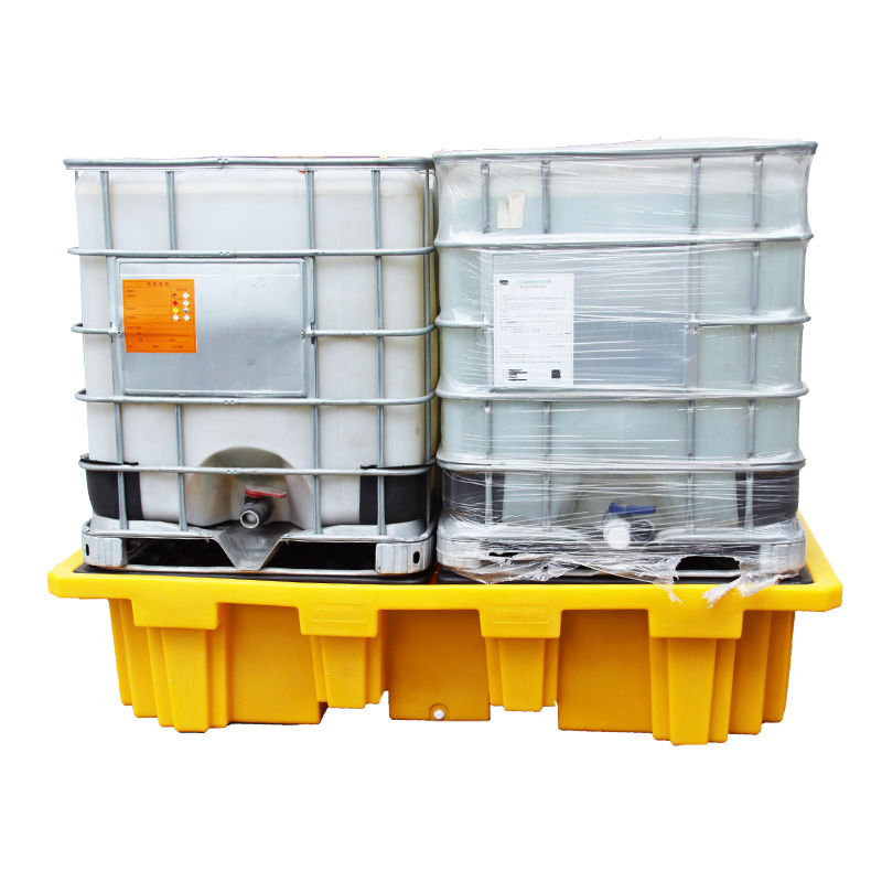 PE Spill Containment Pallet for IBC Barrels, with Drain, Height 500mm, Yellow, 2 IBC Drums