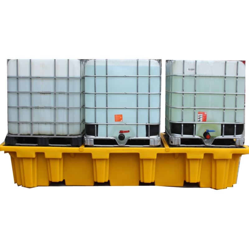 PE Spill Containment Pallet for IBC Barrels, with Drain, Height 580mm, Yellow, 3 IBC Drums
