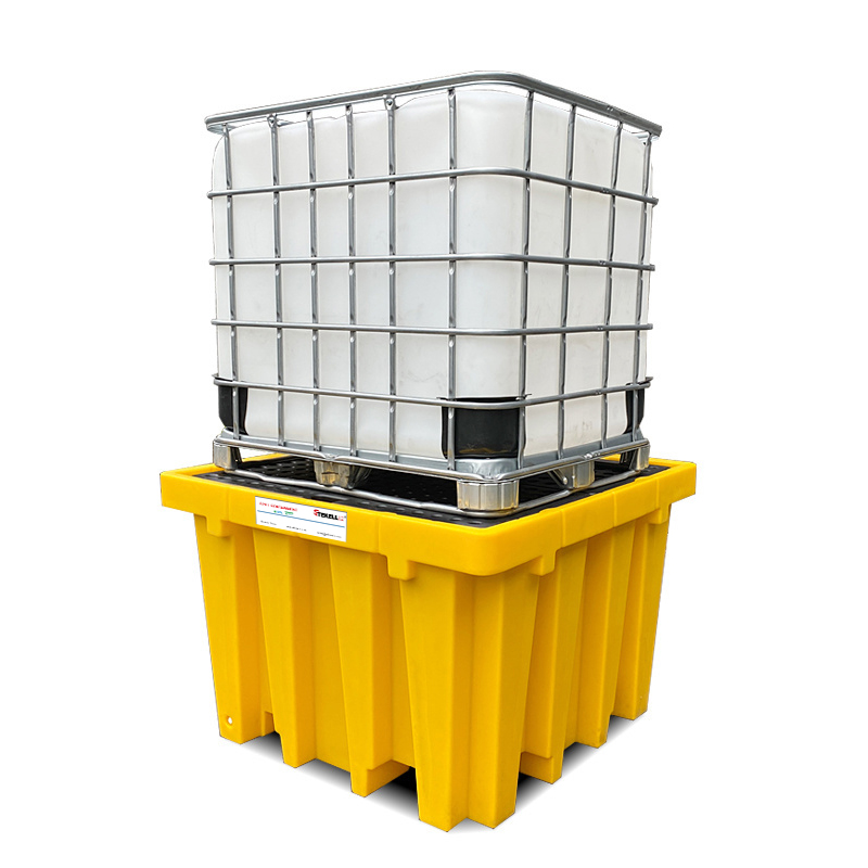 PE Spill Containment Pallet for IBC Barrels, with Drain, Yellow/Black, Height 900mm, 1 IBC Drum