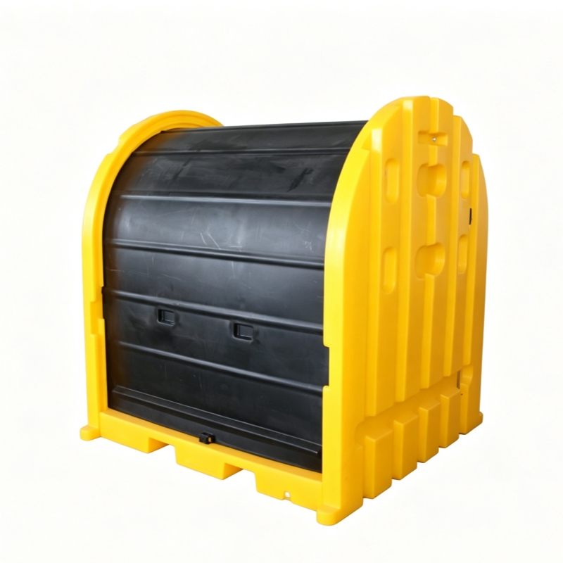 PE Spill Containment Shed for Drums, with Drain, Yellow and Black, 4 Drums